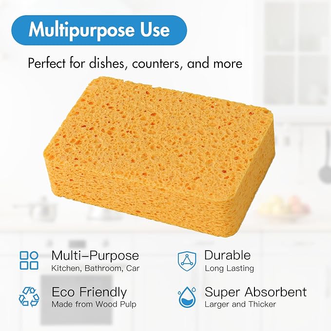 Kitchen Sponges – 4 Pack Large Cellulose Dish Washing Sponges, Natural Wood Pulp - Image 4