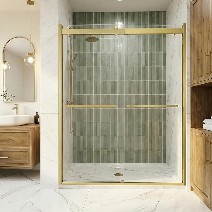 Sliding Shower Door, Bypass Shower Enclosure, Brushed Gold by AquivaCoast
