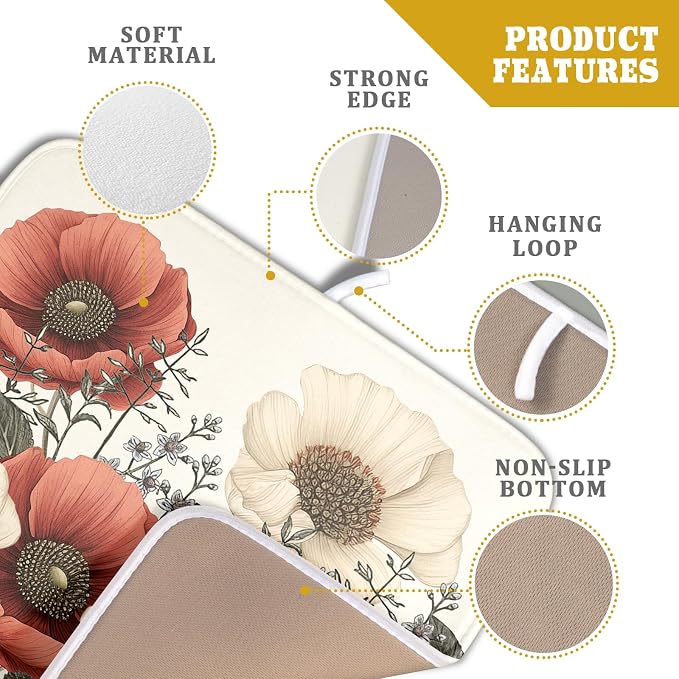 Floral Dish Drying Mat for Kitchen Counter 18x16 Inch Beige Pink Big Flower - Image 3