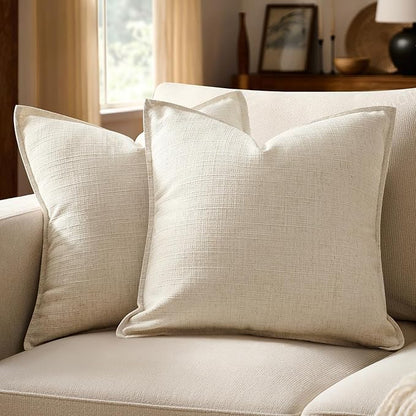MIULEE Decorative Pillow Covers 18x18, 2 Pack Boho Farmhouse Neutral Throw Pillows for Couch, Thick Textured Modern Linen Cushion Cases Sofa Bed Living Room Home Decor, Natural Beige