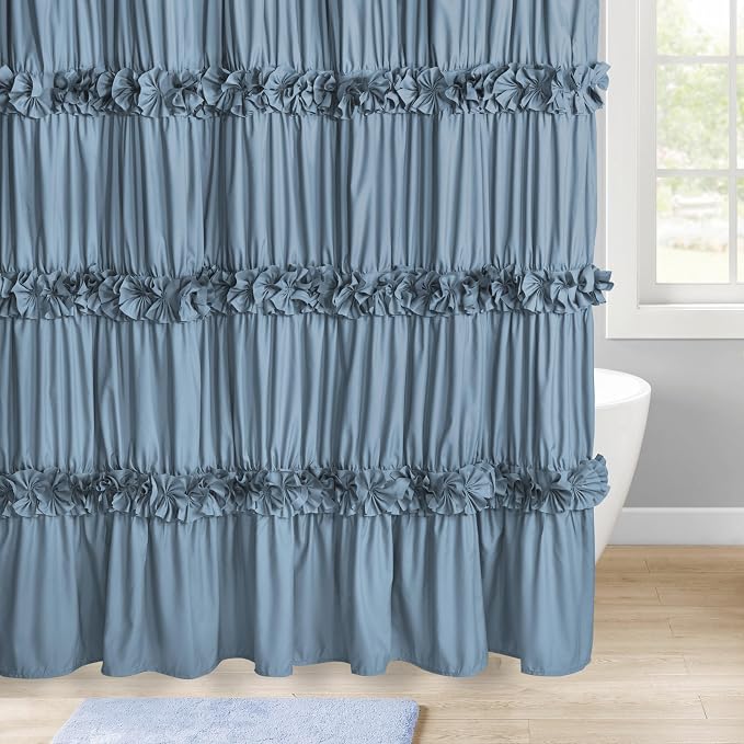 Dusty Blue Ruffle Shower Curtain, Vintage Handcrafted Bow Tie Bath Curtain - Image 8