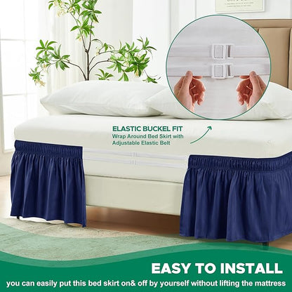 Biscaynebay Wrap Around Bed Skirts for King & Cal King Beds 15" Drop, Navy Adjustable Elastic Dust Ruffles Easy Fit Wrinkle & Fade Resistant Silky Luxurious Fabric Machine Washable