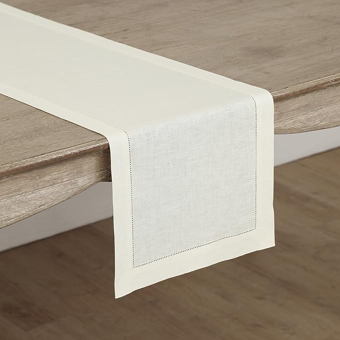 Solino Home Linen Ivory Table Runner 60 Inches - Classic Hemstitch, 100% Pure Linen Coffee Table Runner 14 x 60 Inch Ideal for Dresser Tables - Christmas, Holiday, New Year
