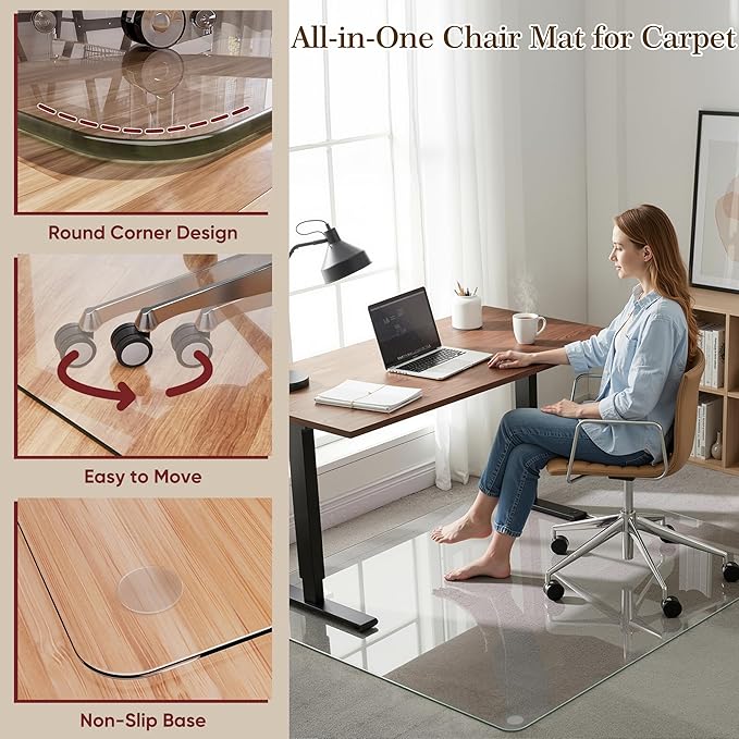 45"x55" Tempered Glass Office Chair Mat for Carpet & Hardwood Floor, 1/5" Thick Clear Floor Protector Desk Chair Mat with Rounded and Polished Edges