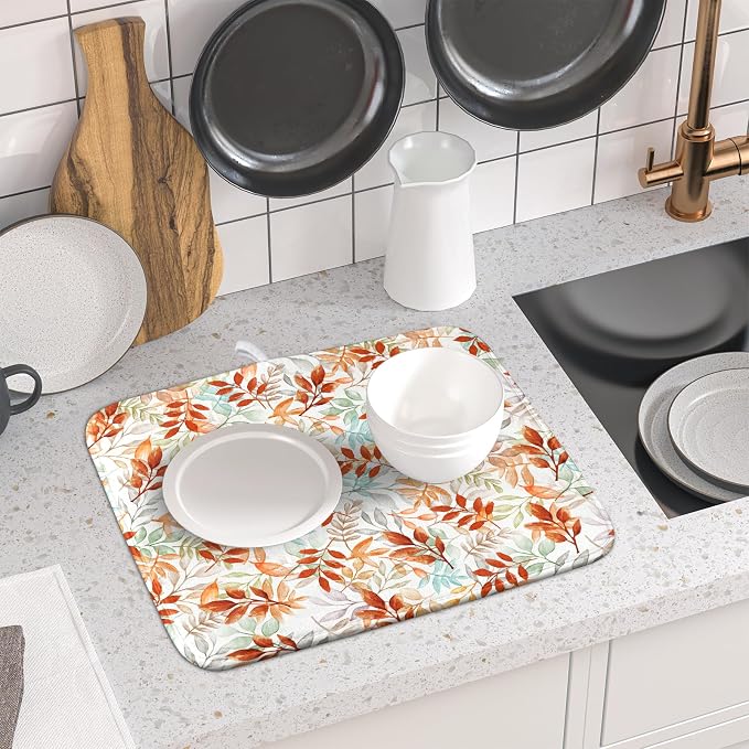 Fall Dish Drying Mat for Kitchen Counter 16x18 Burnt Orange Leaves Autumn - Image 6