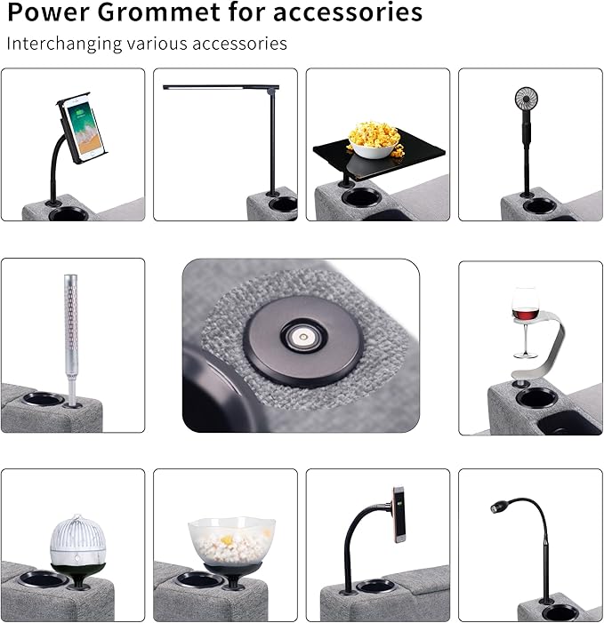 Multifunctional Sofa Armrest, Couch Armrest with Wireless Charge Stand, Removable Couch Caddy with Storage,Including LED Reading Light,Pewter