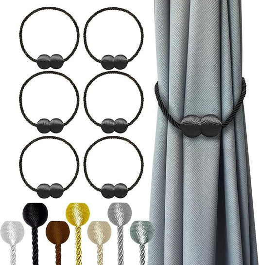 Hion Magnetic Curtain Tiebacks Black 6 Pack, Curtain Tiebacks Buckles Holdbacks by Hion