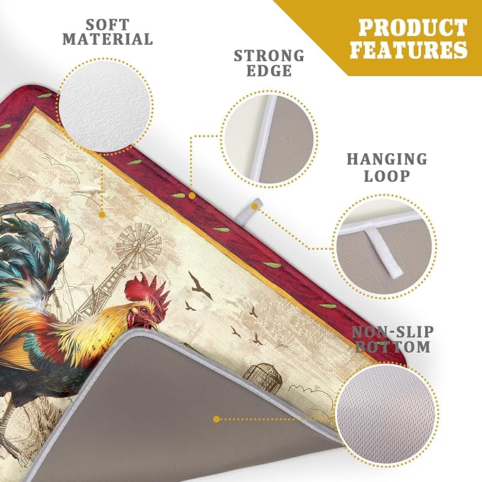 Farm Rooster Dish Drying Mat for Countertop 18x24 Inches Red Rustic Chicken - Image 4