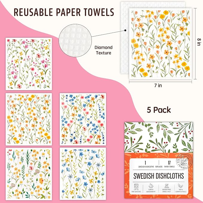 Swedish Dishcloths for Kitchen, 5 Pack Flowers Reusable Paper Towels Washable - Image 2