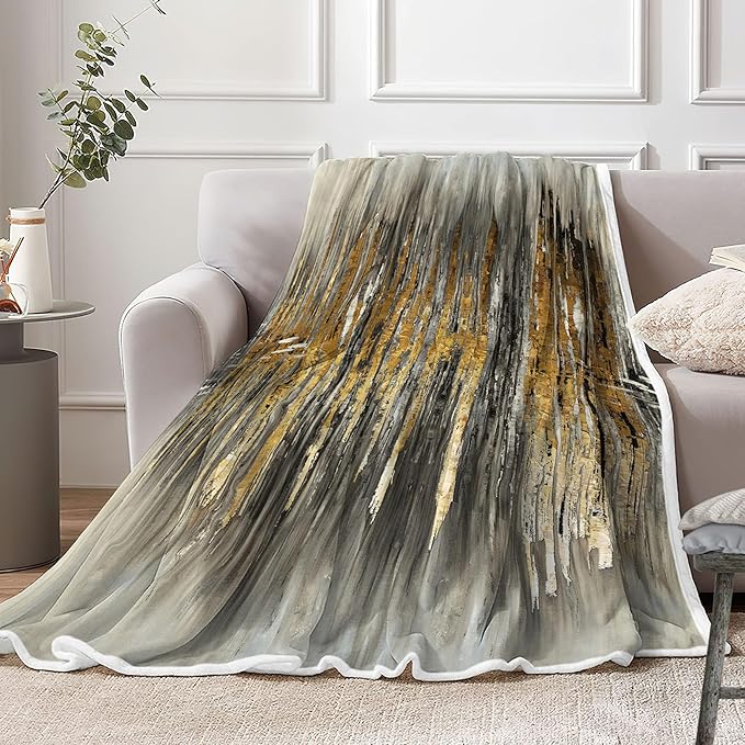 Abstract Throw Blankets, Modern Gray Gold crackNon Cozy Warm Bed Couch Blanket, Stripe Contemporary Abstract Painting White Fleece Flannel Throws to Decorate The Room and Bedroom
