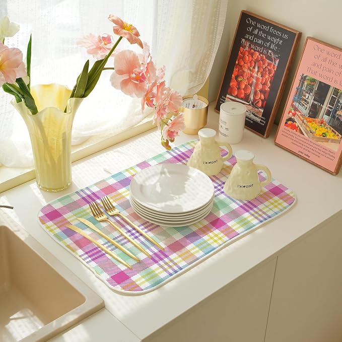 Easter Checkered Dish Drying Mats 18x24 Inch Colorful Buffalo Plaid Drying Mats - Image 6