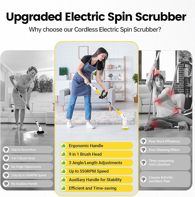Electric Spin Scrubber, Cordless Cleaning Brush Shower Scrubber Up to 550 RPM - Image 2