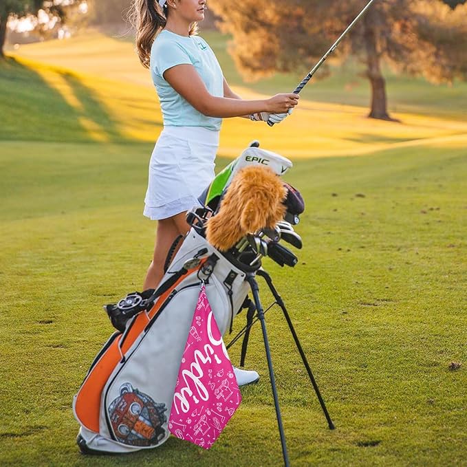 Womens Pink Golf Towel and Brush Set, Microfiber Waffle Golf Bag Towel - Image 6