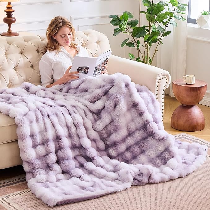 Lotus Karen Faux Fur Throw Blanket Tie-Dye Purple - Big Bubble Rabbit Fluff Blanket for Couch, Large Fluffy Fuzzy Cozy Blanket,Thick Furry Plush Shaggy Blankets,108x90 Inches