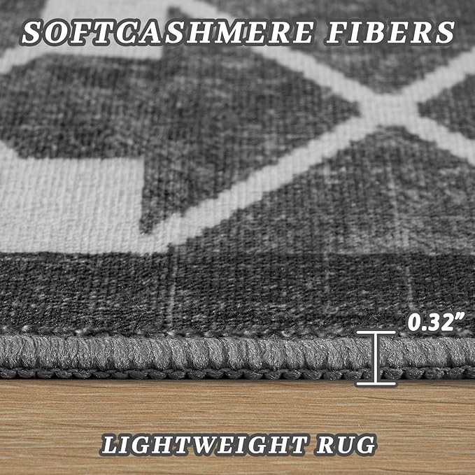 4x6 Area Rugs for Living Room Bedroom, Machine Washable Low Pile Rugs, Non Slip Modern Bordered Print Indoor Carpet for Entryway Office Dining Room Dorm Home Decor, Dark Grey