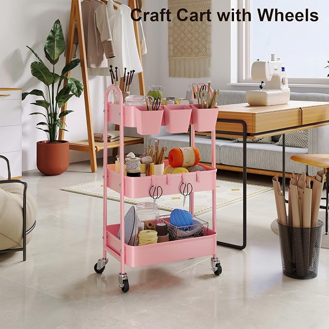 3 Tier Metal Rolling Cart with Lockable Wheels and Handle, Three Tiered Pink - Image 5