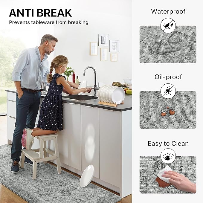 GENIMO Kitchen Mats for Floor 2PCs, Washable Anti Fatigue Mat for Cushioned, 17.3"x47"+17.3"x30", Waterproof Kitchen Rugs, Non Slip Standing Mat Rug for Home, Runner, Sink, Laundry, Vintage Grey