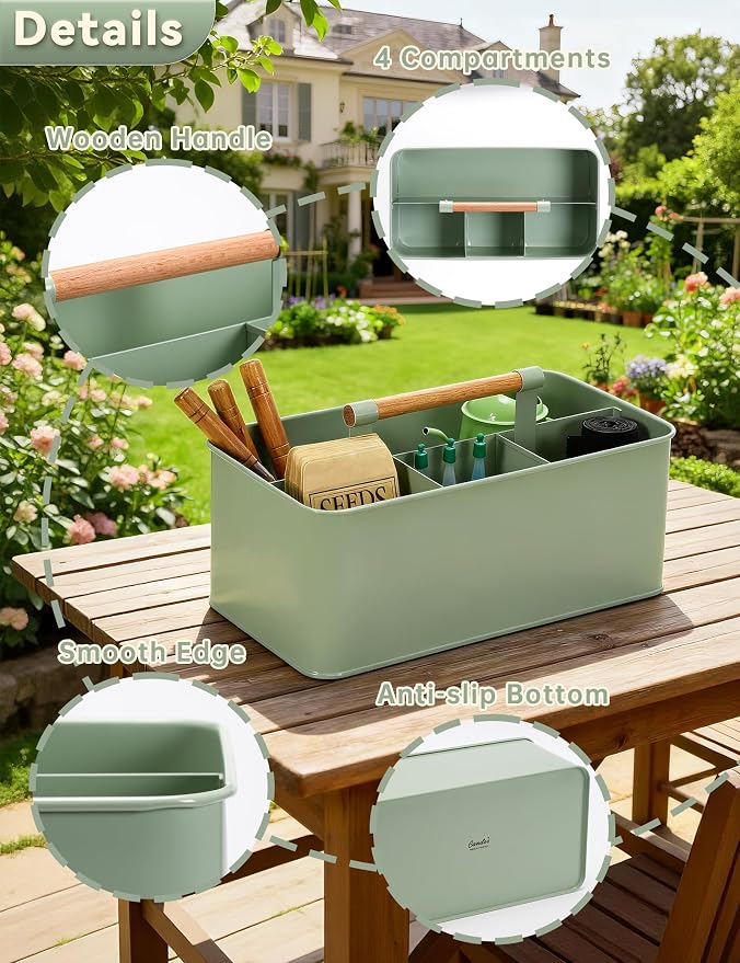 Garden Tool Organizer with Wooden Handle, Metal Garden Caddy with 4 Compartments - Image 4