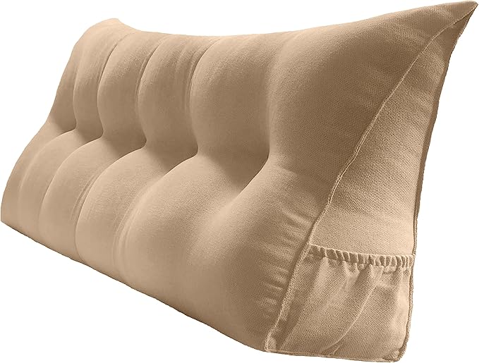 Triangular Reading Bed Rest Pillow Large Bolster Cushion Headboard Backrest Wedge Pillow with Removable Cover and Two Large Side Pockets (Champagne, Queen: 59 x 8 x 20 inches)
