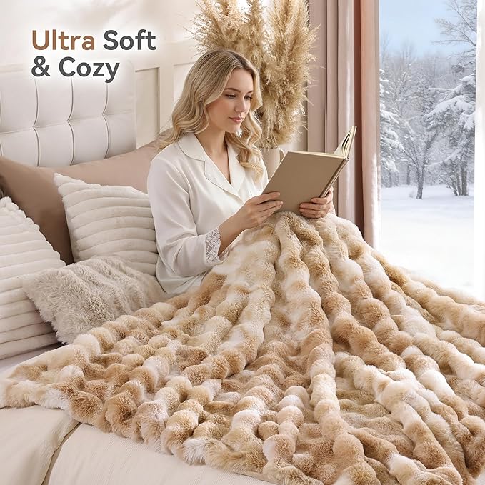 Smoofy Faux Fur Throw Blanket for Couch – Tie-dye Camel Fluffy Cozy Rabbit Fleece, Plush Soft Bubble Blanket for Sofa & Bed, for Mom, Warm Fuzzy Home Room Decor Throw 60" x 80"