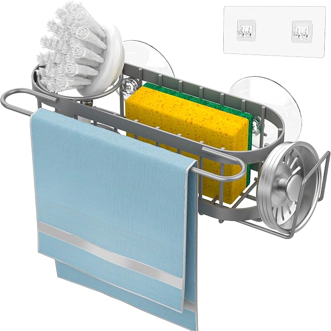Cisily Grey Kitchen Sink Caddy Sponge Holder in the Sink, Stainless Steel - Image 2