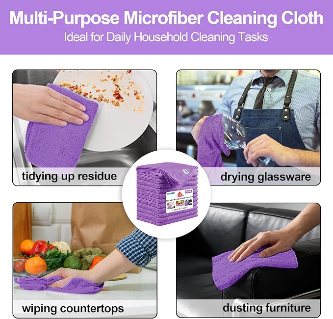 HOMERHYME Microfiber Cleaning Cloth, 12 Pack Purple Cleaning Rags, Reusable - Image 8