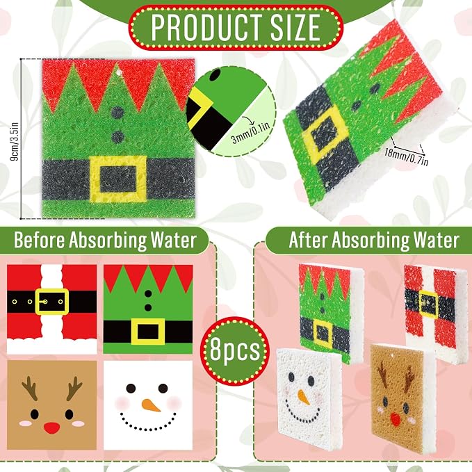Whaline 8Pcs Christmas Character Kitchen Sponges Santa Reindeer Snowman Elf - Image 2