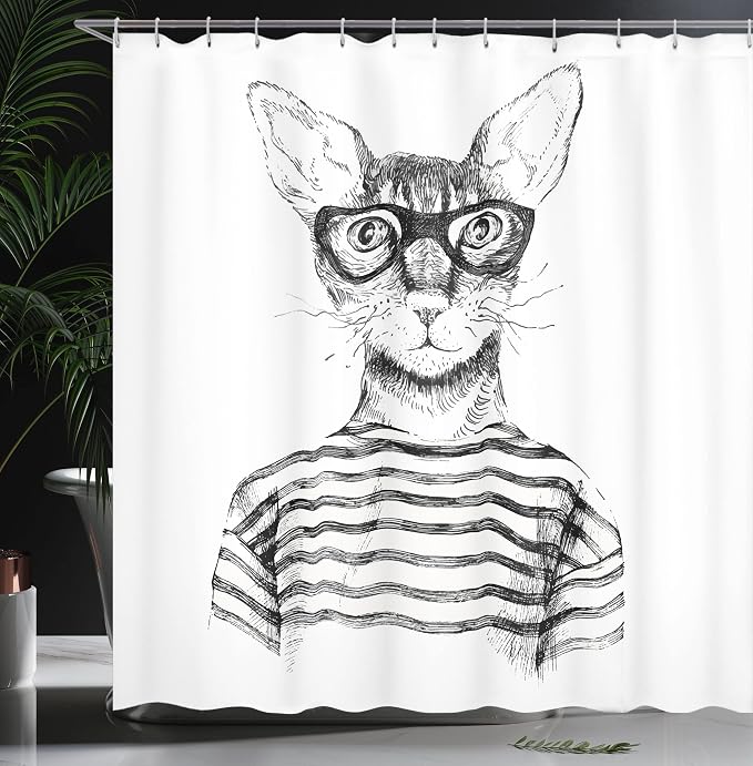 Ambesonne Cat Shower Curtain, Hand Drawn Dressed up Hipster New Age Cat Fashion - Image 3