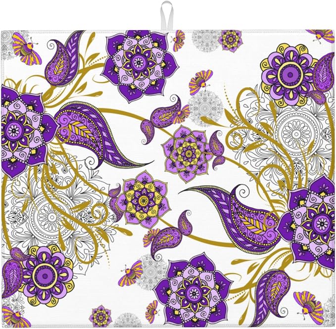 Boho Floral Dish Drying Mat for Kitchen Counter Washable Absorbent Reversible by Unknown