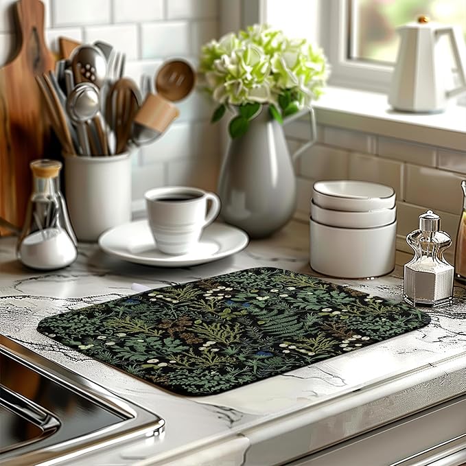 Dish Drying Mat for Kitchen Counter Vintage Green Plant Fern Leaves Floral - Image 6