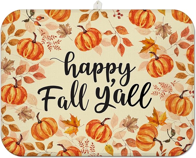 Fall Dish Drying Mat for Kitchen Counter, Autumn Pumpkin Maple Leaf Pattern by Unknown