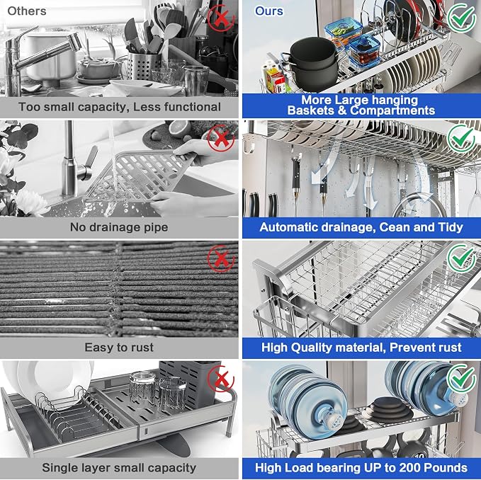 Over The Sink Dish Drying Rack, 3 Tier Adjustable Length Full Stainless Steel - Image 5