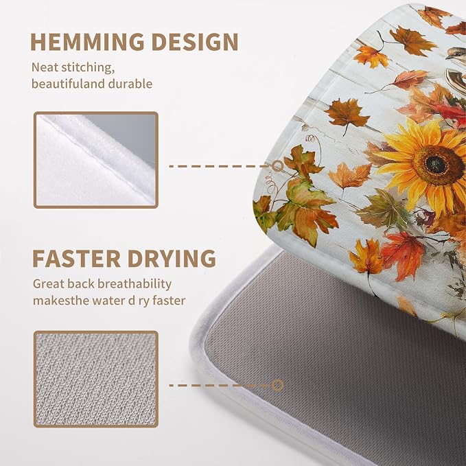 Fall Dish Drying Mat for Kitchen Counter Autumn Thanksgiving Pumpkin Sunflower - Image 4