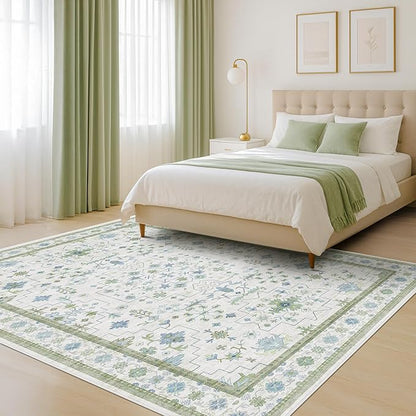 Green and Blue Kids Rugs for Bedroom 5x8 - Oushak Boho Cute Area Rug, Washable Low Pile Non-Slip Soft Foldable Indoor Carpet for Nursery, Playroom