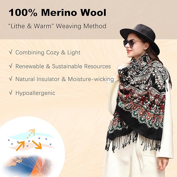 DANA XU 100% Merino Wool Extra Large Pashmina Blanket Travel Scarf Cashmere Wrap for Women Fall Winter Oversize Shawl Floral