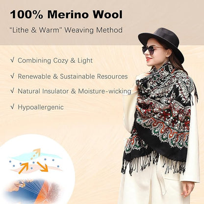 DANA XU 100% Merino Wool Extra Large Pashmina Blanket Travel Scarf Cashmere Wrap for Women Fall Winter Oversize Shawl Floral