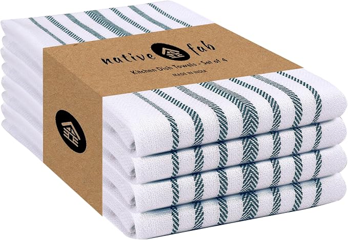 Native Fab Stripe Kitchen Towels 4 Pack Scandia Herringbone Weave 16"x26" by NativeFab