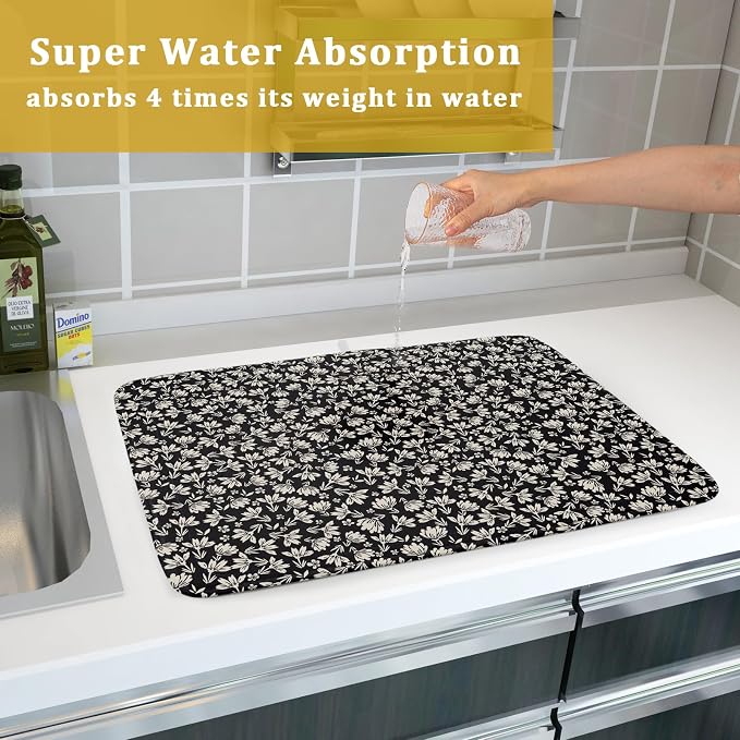 Floral Dish Drying Mat for Kitchen Counter 24x18 Inch Black Flower Drying Mat - Image 7