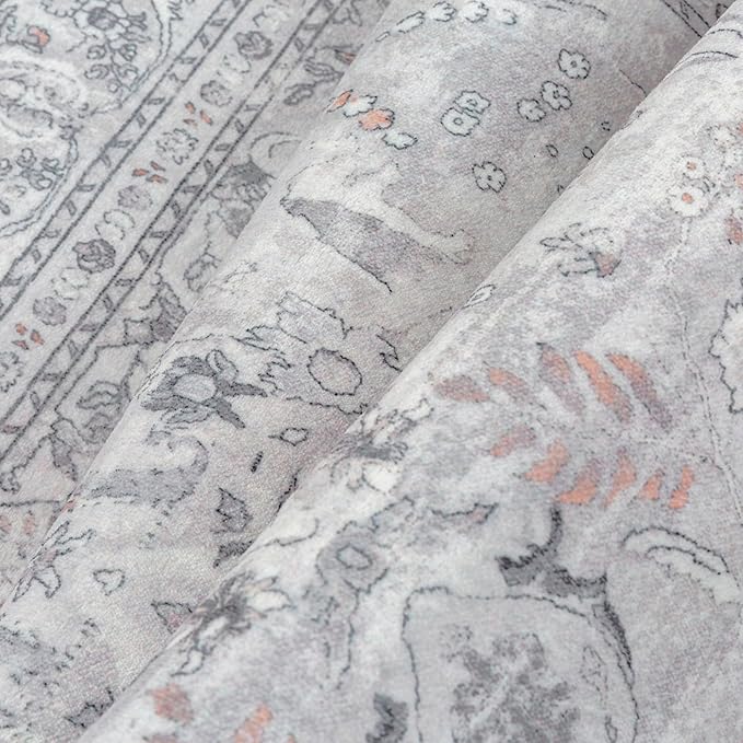 Grey 8x10 Area Rug Washable Vintage Carpet for Living Room Bedroom Large Soft Retro Floral Low Pile Thin Indoor Rug Non Slip Central Medallion Floor Cover for Dining Room Office