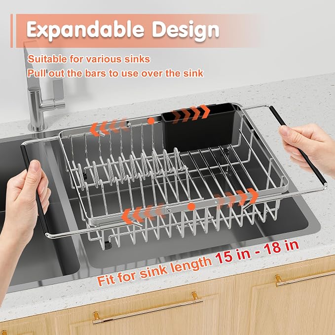 Small Expandable Over The Sink Dish Drainer Drying Rack In Stainless Steel Metal - Image 5