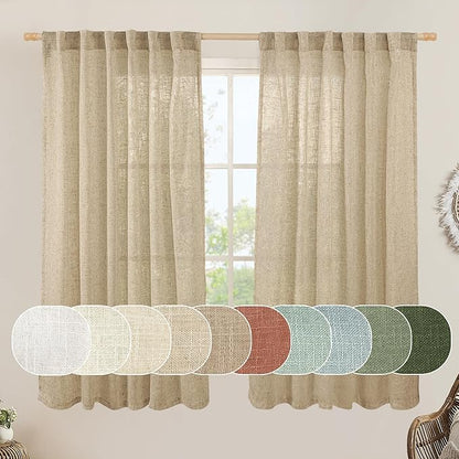 LAMIT Faux Linen Curtains 63 inches Long for Bedroom, Back Tab and Rod Pocket Linen Drapes Light Filtering Semi Sheer Curtains for Small Window/Farmhouse, 2 Panels (52 x 63 Inch, Brown)