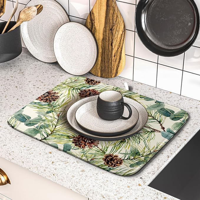 Winter Dish Drying Mat for Kitchen Counter 16x18 Christmas Evergreen Leaves - Image 5