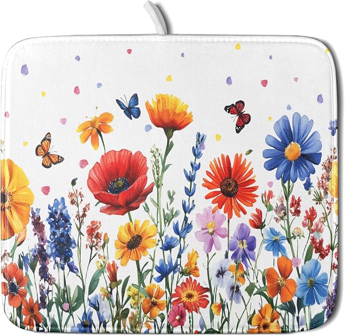 Watercolor Flower Dish Drying Mat 16x18 Inch Floral Butterfly Dish Drainer by Giwawa