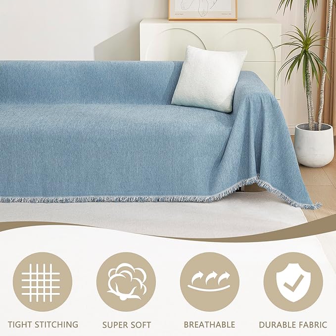 MYSKY HOME Chenille Couch Cover, Sofa Slipcover for 2-3 Cushion Sectional Couch, Machine Washable Soft Furniture Protector with Tassels, Futon Sofa Covers, Throw for Dogs, Kids 71" x 150", Blue