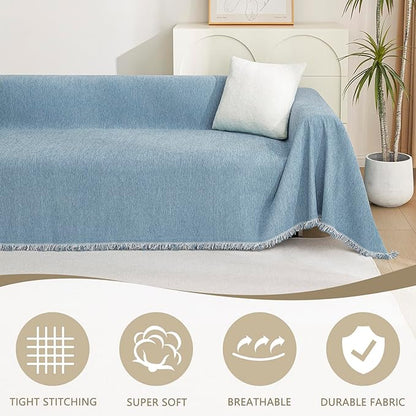 MYSKY HOME Chenille Couch Cover, Sofa Slipcover for 2-3 Cushion Sectional Couch, Machine Washable Soft Furniture Protector with Tassels, Futon Sofa Covers, Throw for Dogs, Kids 71" x 150", Blue