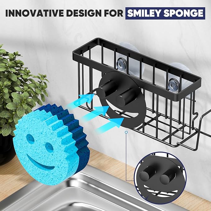 Sponge Holder for Kitchen Sink, Sink Caddy Smiley Face, 4-in-1 Sponge Holder - Image 4