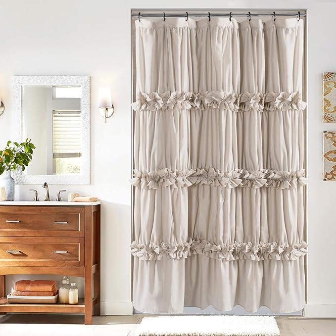 Camel Ruffle Stall Shower Curtain, Vintage Handcrafted Bow Tie Bath Curtain by Homechoice+Decor