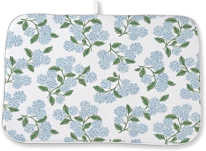 Blue Green Dish Drying Mat 18x24 Inch Vintage Floral Hydrangea Flower Drying by DAFENA