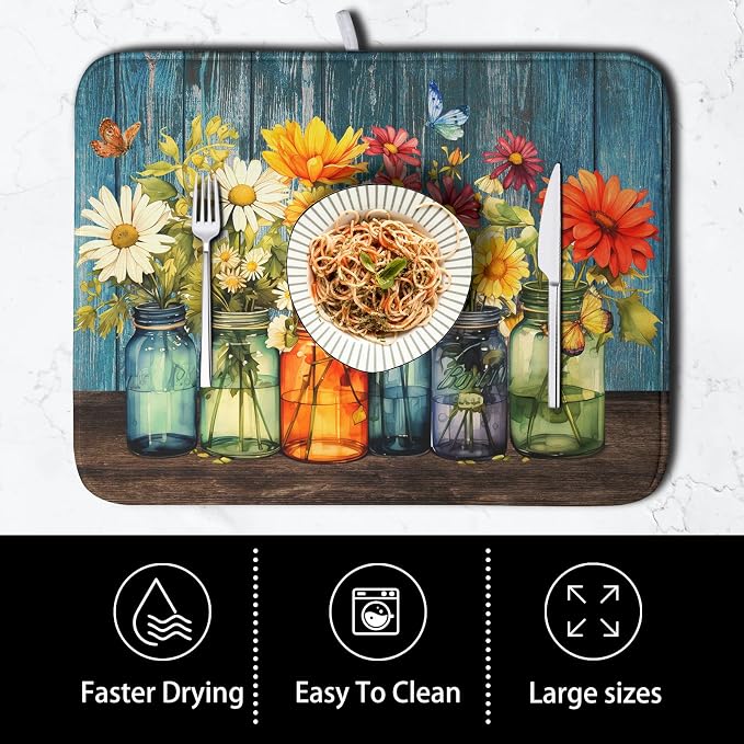 Daisy Dish Drying Mat for Kitchen Counter 18x24 Inch Rustic Vintage Flower - Image 4