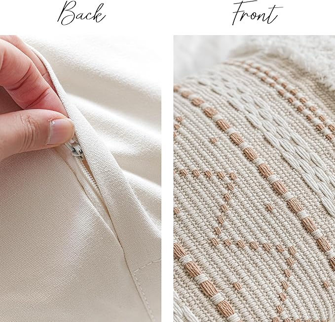 BlissBlush Decorative Throw Pillow Cover 20x20 Combo Set of 2 Square Cream Neutral White Boho Accent Pillowcase Tassels Farmhouse Cushion for Couch Sofa Bedroom Living Room Home Décor Cover ONLY
